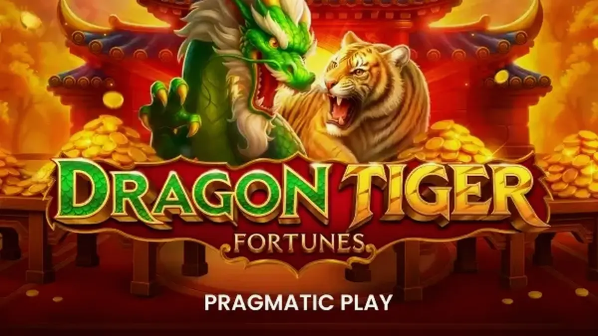Tampilan visual slot Dragon Tiger Fortunes dengan tema oriental dan roda bonus.